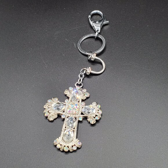 Key Chain Clip-On Rhinestone Silver Cross - Picture 4 of 4